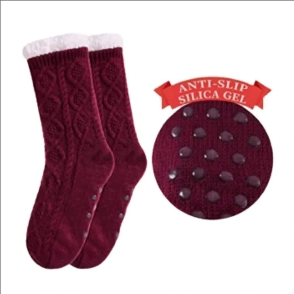 YSENSE Knit Sherpa Lined Slipper Socks Red Wine NWT